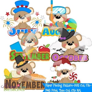 SVG-bestanden knippen/Paper Piecing/PNG-illustraties-Franklin It's On The Calendar juli-december-Instant Download-Print and Cut-Scrapbook Elements-SVGS