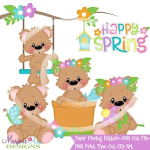 May include: Three brown teddy bears with flower crowns, one on a swing, one in a flower pot, and one holding a flower. The text "Happy Spring" is in the background.