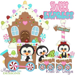 Sweet Train-Penguins Clipart-Instant Download-Digital Clipart-PNG clip art-digital scrapbooking-christmas train-candy-penguin-gingerbread