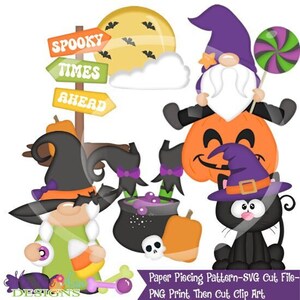 Può includere: Un set di modelli di carta per ritagliare e incollare a tema Halloween con una strega, uno gnomo, un gatto nero, un calderone, una zucca e un cartello che dice "Spooky Times Ahead".