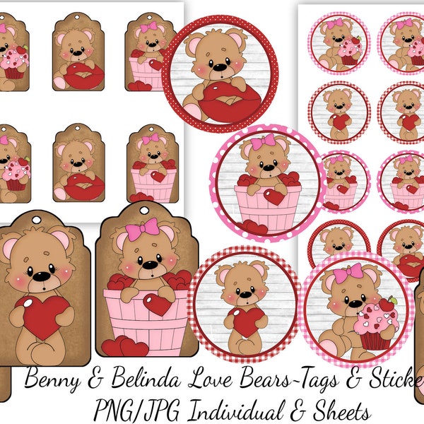 Benny and Belinda-Love Bears Printable Stickers & Printable Tags, Digital Collage Printable Sheets,Digital Download, YOU PRINT