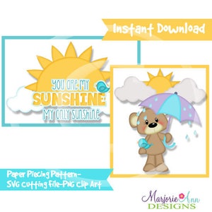 Puede incluir: Un patrón de papel digital con un lindo oso sosteniendo un paraguas con un pájaro azul y el texto "You are my sunshine, my only sunshine".