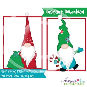 Puede incluir: Dos patrones digitales de gnomo de Navidad para patchwork de papel. Un gnomo lleva un gorro rojo y sostiene una bolsa verde. El otro gnomo lleva un gorro verde y sostiene un bastón de caramelo. El texto "Descarga instantánea" y "Patrón de patchwork de papel - Archivo de corte SVG - Imprimir y cortar PNG Clip Art" es visible en la imagen.