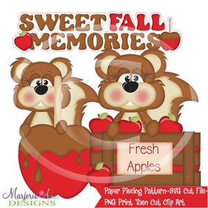 May include: A digital illustration featuring two cartoon squirrels with brown fur, holding red apples and a large caramel apple. The text "SWEET FALL MEMORIES" and "Fresh Apples" are also present.