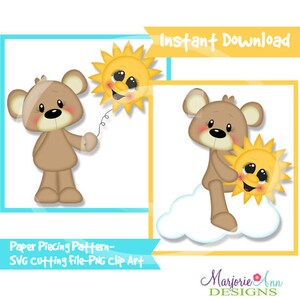 Puede incluir: Dos osos de peluche marrones con soles amarillos sonrientes. Un oso sostiene un sol amarillo con una cuerda atada. El otro oso está sentado en una nube blanca con un sol amarillo.