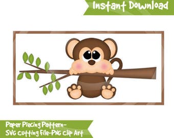 May include: A brown monkey with big eyes and pink cheeks is sitting on a brown branch with green leaves. The monkey is holding onto the branch with its hands and feet. The image is a paper piecing pattern, SVG cutting file, and PNG clip art.