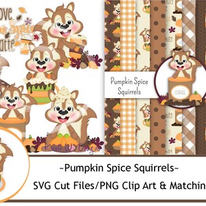 May include: Digital art featuring cartoon squirrels with pumpkin spice lattes and autumn elements. The image includes the text "I Love Pumpkin Spice a Latte" and "Pumpkin Spice Squirrels". Also included are SVG cut files, PNG clip art, and matching digital papers.
