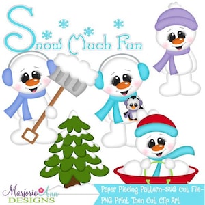 May include: A digital paper piecing pattern featuring a set of five winter-themed illustrations. The illustrations include a snowman with a blue scarf and shovel, a snowman with a blue scarf and penguin, a snowman with a purple scarf, a green pine tree, and a snowman in a red sled. The text "Snow Much Fun" is included in the image.