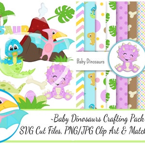 Puede incluir: Un paquete de manualidades digital con adorables dinosaurios bebés en varias poses, incluyendo un triceratops rosa, un estegosaurio azul, un braquiosaurio amarillo y un pterodáctilo rosa. El paquete también incluye papeles digitales coordinados con varios patrones, incluyendo lunares, rayas y huellas de dinosaurios.