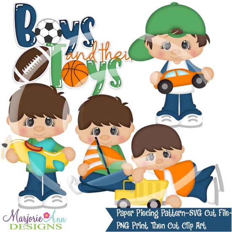 May include: Digital illustration of cartoon boys with toys. The image includes a soccer ball, football, basketball, and a toy airplane, car, and dump truck. The text "Boys and their Toys" is also included.