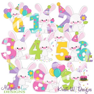 Bunny Birthday Clipart-Instant Download-Digital Clipart-Birthday clip art-first birthday-cute bunny-birthday balloons-cupcake