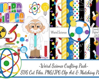 May include: A digital paper pack with a science theme. The pack includes 12 digital papers with various patterns, including atoms, light bulbs, and test tubes. The pack also includes a scientist clipart image and a title that reads "Weird Science Crafting Pack".