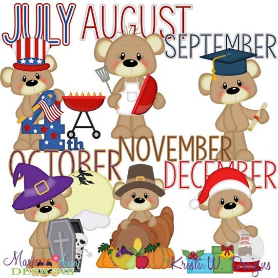 Calendar Bears July-december Clip Art-instant Download-digital Clipart- calendar Designs-usa-graduation-halloween-thanksgiving-christmas - Etsy
