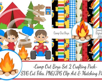 May include: A digital paper pack with a camping theme. The pack includes 10 different patterned papers in red, blue, yellow, green, and black. The papers feature camping icons like tents, campfires, and trees. The pack also includes SVG cut files and PNG/JPG clip art of boys camping.