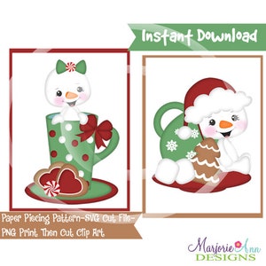 Puede incluir: Dos patrones digitales de patchwork de papel con un muñeco de nieve en una taza verde con un lazo rojo y un muñeco de nieve sosteniendo una galleta de jengibre. Los patrones están etiquetados como "Paper Piecing Pattern-SVG Cut File-PNG Print Then Cut Clip Art".