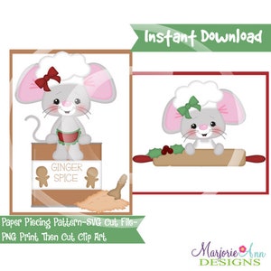 Puede incluir: Un patrón de papel digital que presenta un lindo ratón de dibujos animados con un gorro de chef y sosteniendo un rodillo. El ratón está sentado en una lata de especias de jengibre. El texto "Ginger Spice" está impreso en la lata. El patrón está disponible como un archivo de corte SVG y un archivo de impresión y corte PNG.