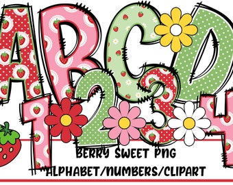 May include: A colorful graphic featuring the letters A, B, C, D and numbers 1, 2, 3, 4. The letters and numbers are decorated with strawberry and floral patterns in red, pink, and green. The text "BERRY SWEET PNG ALPHABET/NUMBERS/CLIPART" is also included.