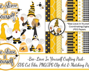 Bee-Lieve In Yourself Gnomes Crafting Pack/SVG Cutting Files/Paper Piecing/Clipart/Digital Papers Download/Scrapbook/Card Making/Gnome SVGS