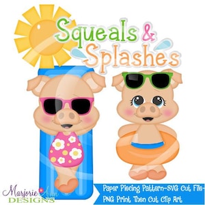 May include: A cartoon illustration featuring two pigs in sunglasses. One pig is on a blue pool float and wearing a pink swimsuit. The other pig is wearing an orange inflatable ring. The text "Squeals & Splashes" is above them.