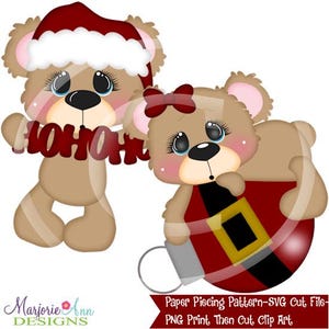 May include: Two cartoon teddy bears. One bear wears a Santa hat and holds a "HO HO HO" sign. The other bear holds a red and gold Christmas ornament. The image has a white background.