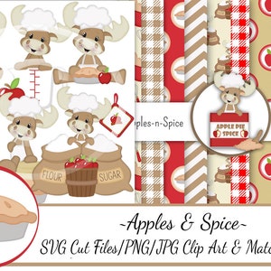 Può includere: Un set di clipart digitale con illustrazioni di alci che indossano cappelli da chef e cuociono una torta di mele. Il set include immagini di una torta, farina, zucchero, mele e una frusta. Il set include anche carte digitali coordinate con motivi a quadri rossi e marroni, chevron e pois.