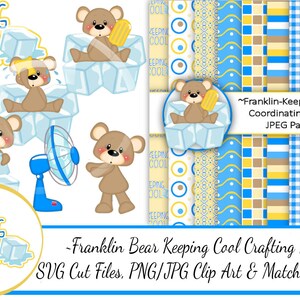 Può includere: Un pacchetto di clipart digitale con un orso dei cartoni animati in varie pose, tra cui tiene un cono gelato e in piedi davanti a un ventilatore. Il clipart è a tema con la frase "Keeping Cool" e include carte digitali coordinate con motivi blu, gialli e bianchi.
