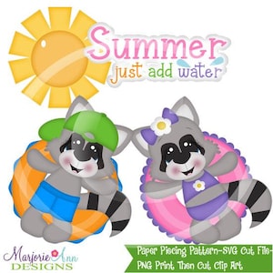 May include: A digital illustration featuring two cartoon raccoons with swim rings, a sun, and the text "Summer just add water." One raccoon wears a green cap and blue shorts, the other a purple dress and flower. The design is playful and colorful.