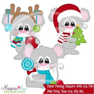 May include: Three digital paper piecing patterns of cute cartoon mice wearing winter holiday attire. The first mouse is wearing a red and green reindeer headband, a blue and green scarf, and holding a red ornament. The second mouse is wearing a red Santa hat, a red and white striped scarf, and holding a green Christmas tree. The third mouse is wearing a blue scarf and holding a blue and white candy cane.