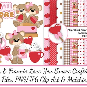 Puede incluir: Conjunto de clipart digital con dos osos marrones con lazos rosas, corazones y un gráfico de s'more. El texto "I Love You S'more" está incluido. El conjunto también incluye papeles digitales coordinados con varios patrones.