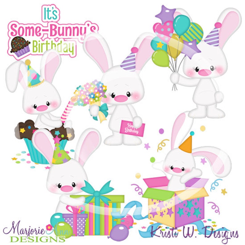Bunny Birthday Clipart-Instant Download-Digital Clipart-Birthday clip art-first birthday-cute bunny-birthday balloons-cupcake