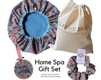 Home Spa Gift Set | Shower Cap | Scrunchie | Do Not Disturb | Drawstring Gift Bag | Liberty of London Emma and Georgina Fabric