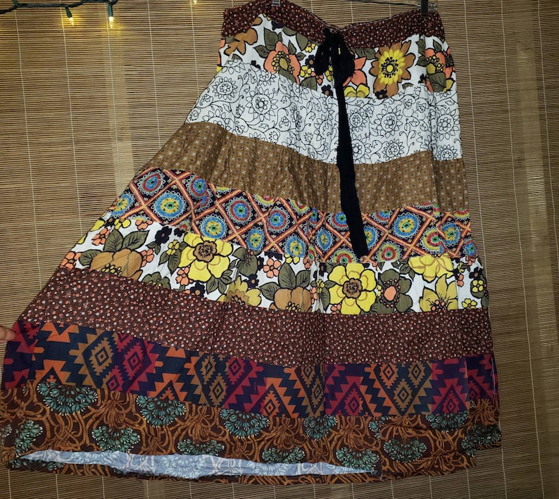 Handmade Upcycled Material Tiered Skirt x-xx large for winter country farm hippie drawstring eco friendly great gift