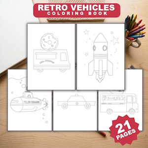 Puede incluir: Un libro para colorear Retro Vehicles de 21 páginas con dibujos en blanco y negro de un camión de donas, un cohete, un submarino con la etiqueta Yellow Submarine, un coche de policía y un camión de ramen. Hay lápices de colores cerca.