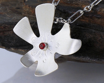 Silver Flower Necklace, Mexican Fire Opal Pendant, Eco Friendly Silver Flower Pendant