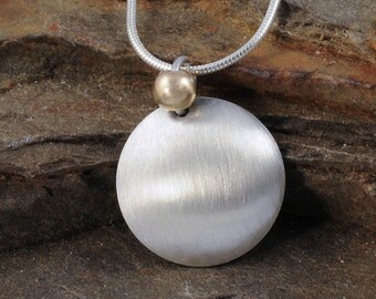 Gold and Silver Necklace, Brushed Silver and 14K Gold Necklace, Simple Disk Necklace, Disk Pendant