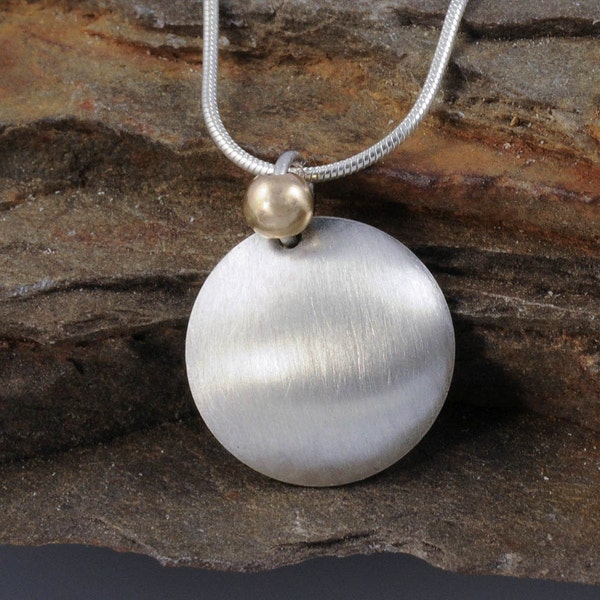 Gold and Silver Necklace, Brushed Silver and 14K Gold Necklace, Simple Disk Necklace, Disk Pendant