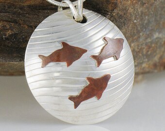 Ocean Jewelry, Fish Necklace, Fish Pendant, Swimming Fishes Eco Friendly Recycled Silver Pendant