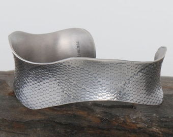 Embossed Lace Silver Bracelet Cuff, One of a Kind Cuff, OOAK bracelet, Wavy Cuff
