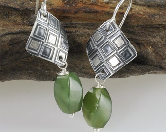 Jade Silver Earrings, Green Jade Earrings, Jade Sterling Silver Earrings, Square Earrings