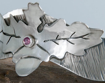 Oak Leaf Bracelet, Eco Friendly Sterling Silver Cuff, Dark Pink Garnet Cuff