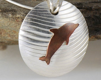 Dolphin Pendant, Dophin Necklace, Mixed Metal Pendant, Copper and Reecycled Silver Necklace