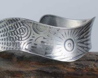 Sterling Silver Cuff, Love Stamped Inside, Sun Burst Cuff, Spiral Cuff