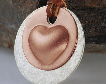 Mixed Metal Heart Pendant, Valentine Heart Pendant, Copper Heart Necklace, Copper and Sterling Silver Necklace, Copper Heart Pendant