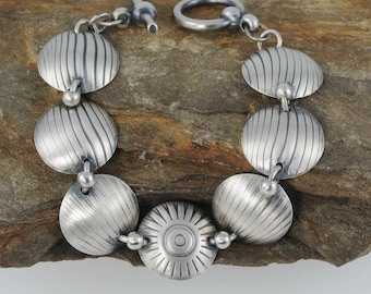 Silver Disk Bracelet for Small Wrist, Sterling Silver Bracelet, Sunburst Bracelet, Wave Bracelet
