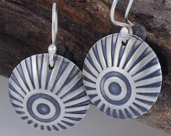 Recycled Silver Bullseye Earrings, Sunburst Earrings, Sterling Silver Earrings