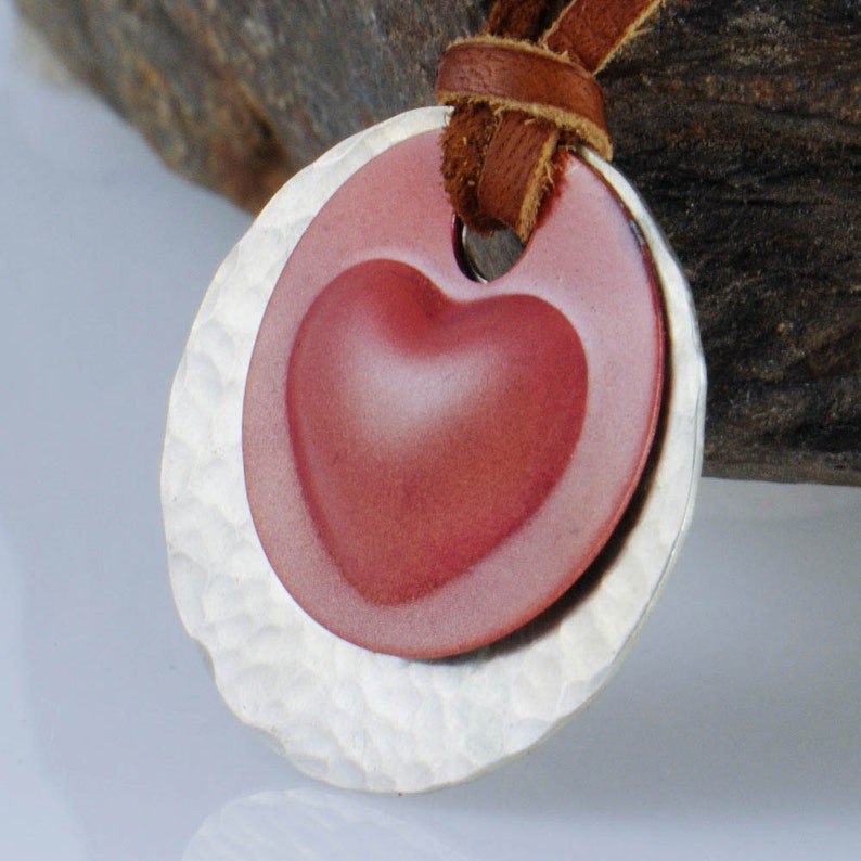 Heart Necklace, Heart Pendant, Mixed Metal Heart Pendant, Leather Cord, Copper and Silver Necklace image 1