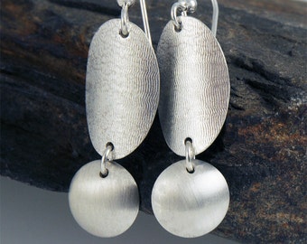 Oval and Disk Earrings, Eco Friendly Sterling Silver Earrings, Brushed Metal Earrings