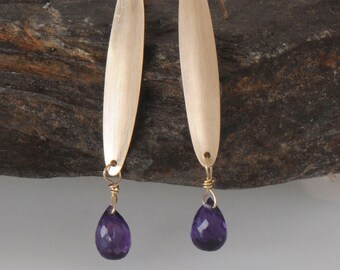 Amethyst Gold Earrings, Brushed Metal Earrings, Gold and Purple Earrings, Gold Filled Earrings