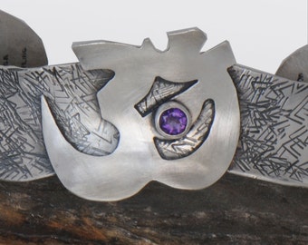 Om Bracelet, Amethyst Sterling Silver Cuff Bracelet, Yoga Bracelet