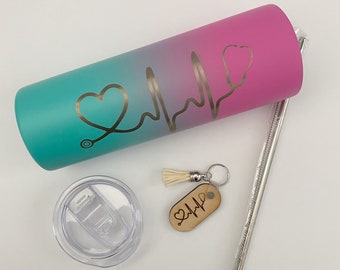 Nurse Gift Set for Nurse Week Custom Coffee Drink Tumbler Personalized Monogram Tumbler Party Gift Pink and Mint Stainless Steel week gift